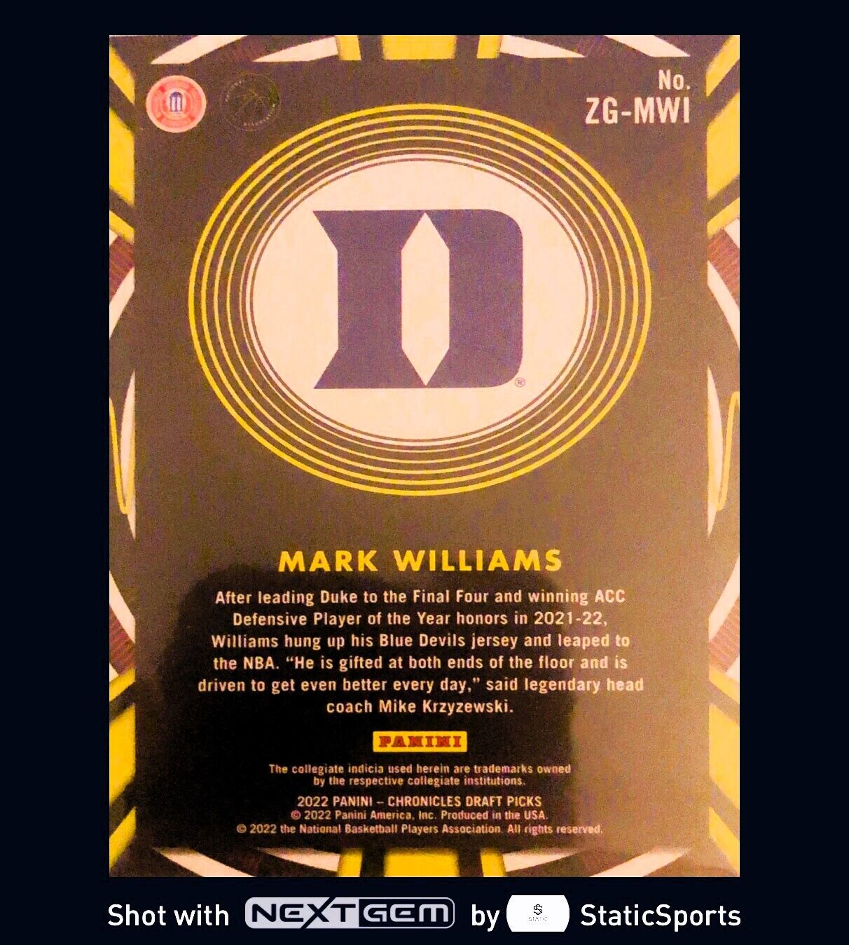 Mark Williams - 2022 Panini Chronicles Draft Picks Gamma Rays, #ZG-MWI