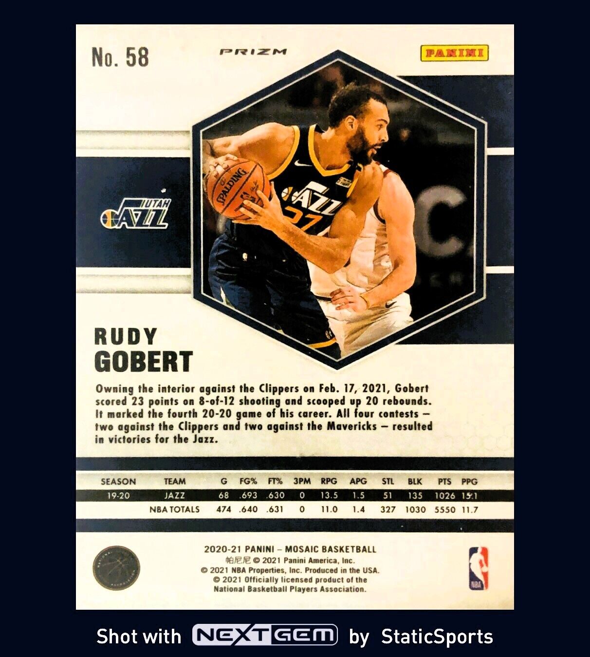 Rudy Gobert - 2020 Panini Mosaic-Prizm Reactive Blue, #58