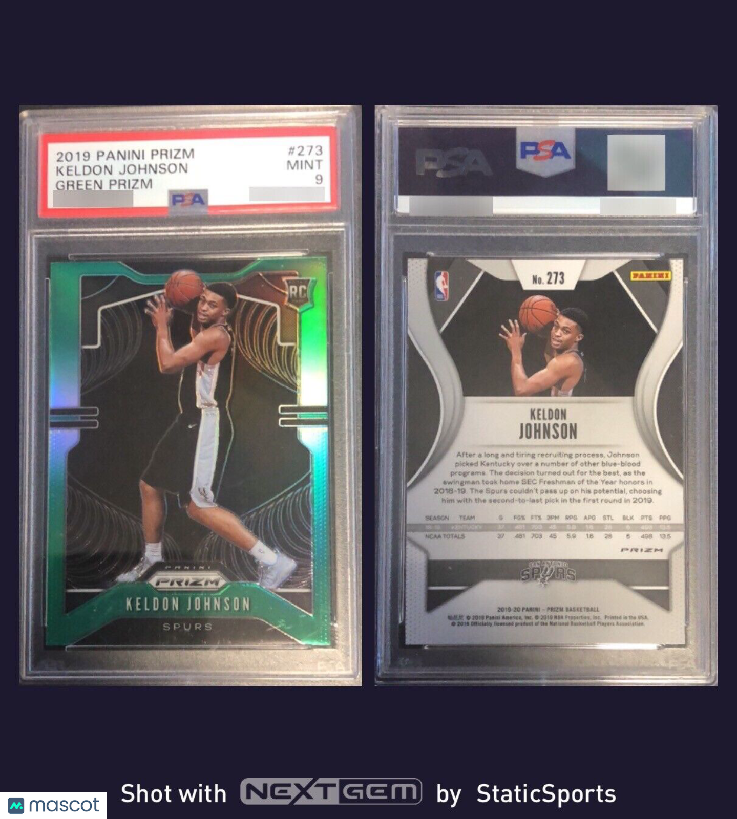 2019-20 Panini Prizm Green Prizm - Keldon Johnson PSA 9 MINT  #273