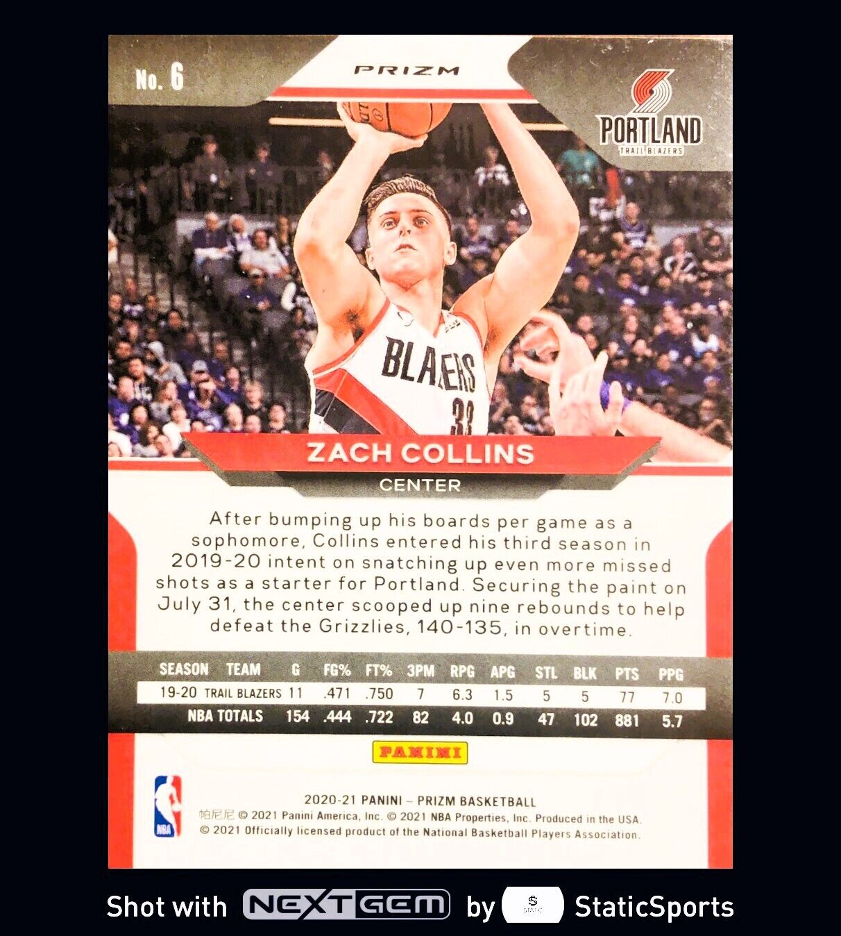 Zach Collins - 2020 Panini Prizm-Prizm Red Cracked Ice, #6