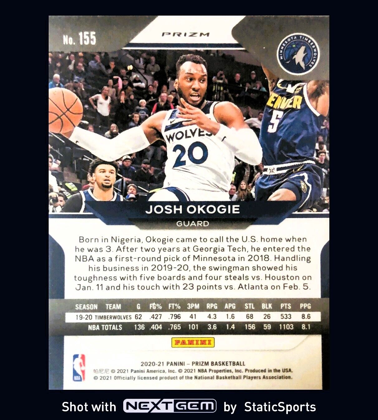 Josh Okogie - 2020 Panini Prizm-Prizm Orange Cracked Ice, #155