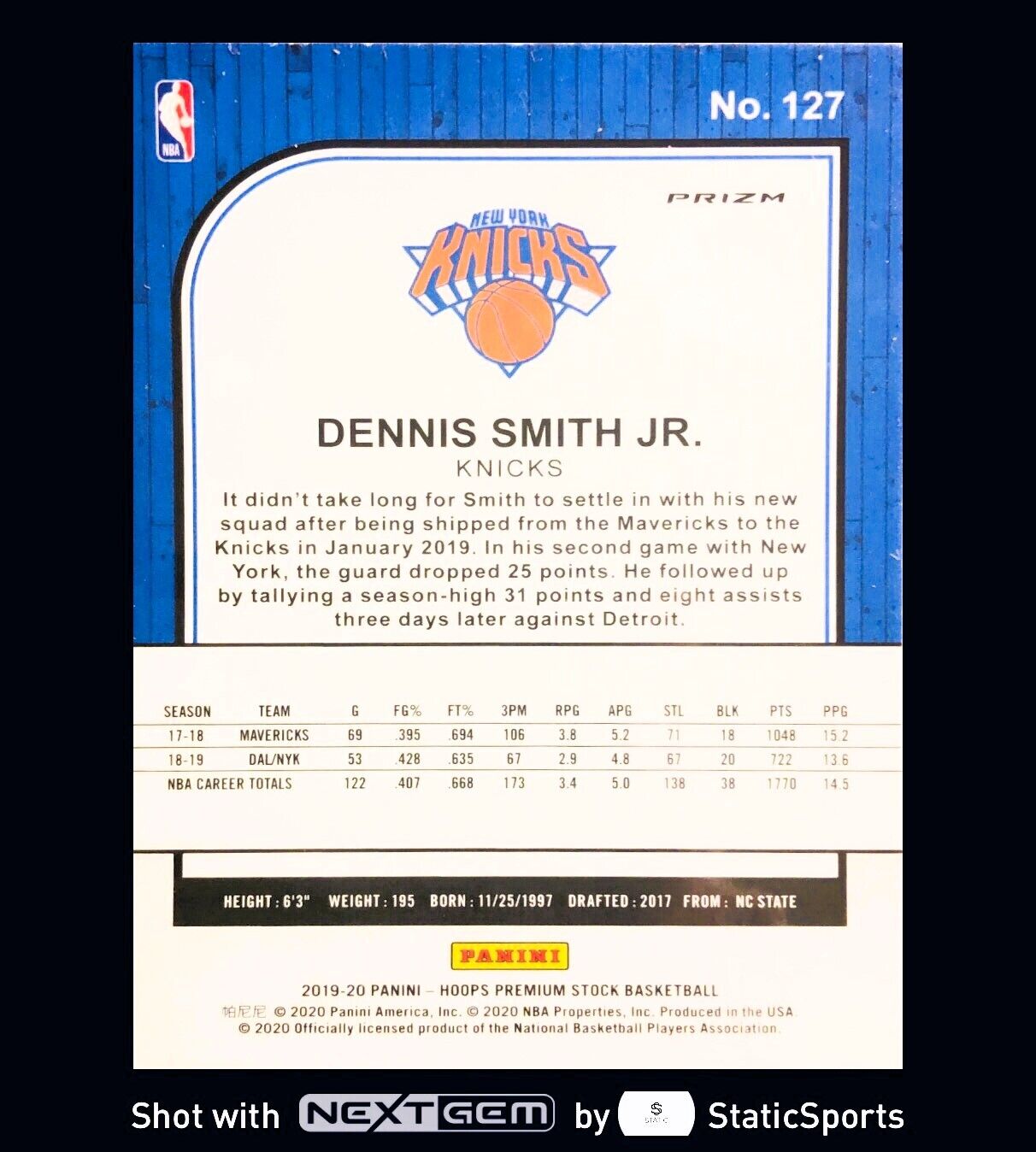 Dennis Smith Jr. - 2019 Hoops Premium Stock-Prizm Blue Cracked Ice, #127