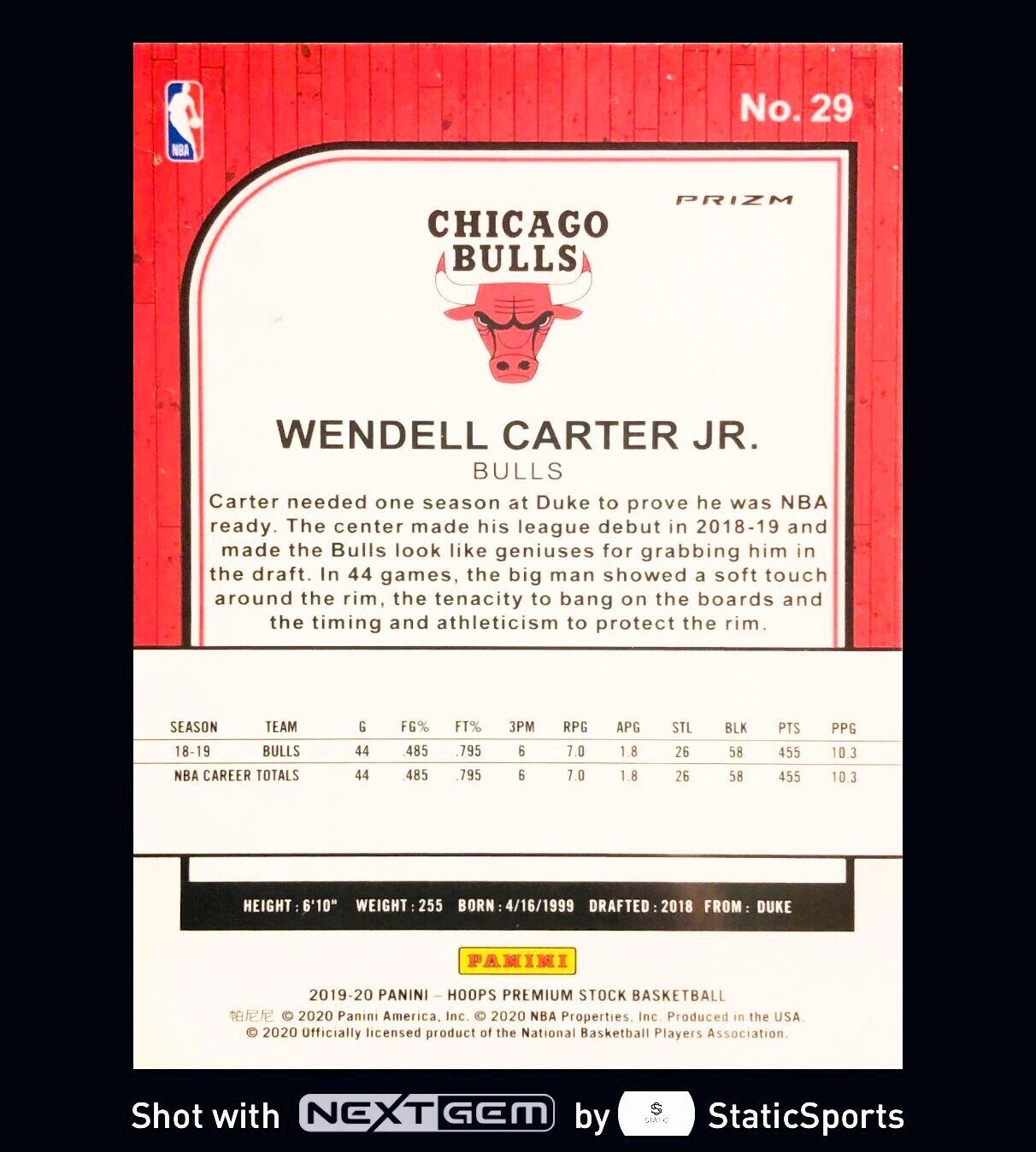 Wendell Carter Jr. - 2019 Hoops Premium Stock-Prizm Red, #29
